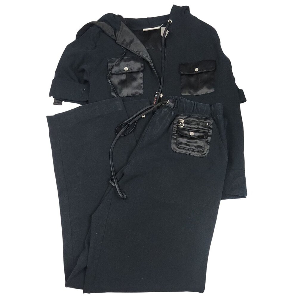 LIZ CLAIBORNE Women Black Cotton Blend Zip Front Hooded Sweatshirt & Pants Set